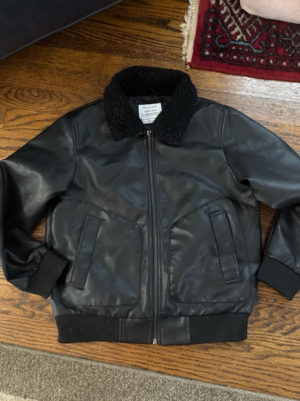 Primark Black Faux Leather Bomber Jacket with Black Sherpa Collar